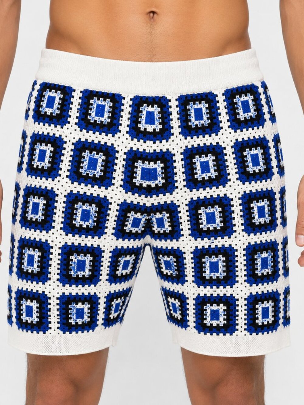 BoohooMAN Men's Blue White Crochet Knit Geometric Shorts Size M NWT